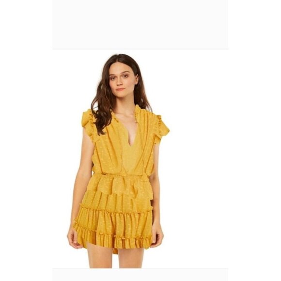 MISA Revolve Dress LILIAN Mini Yellow Safron Polka Dot Textured Ruffle L - Picture 9 of 9